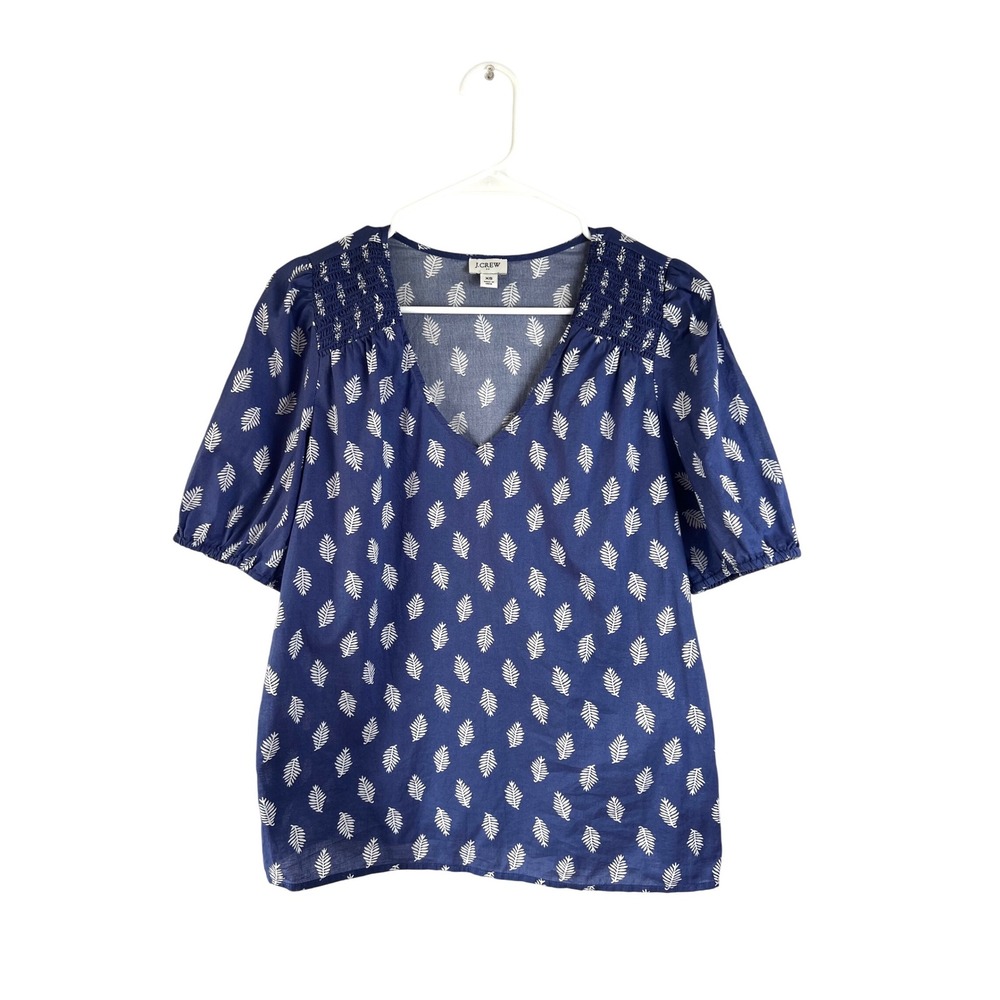 J. Crew Smocked Neck Leaf Print Top Blouse Size‎ XS Short Sleeve V-neck